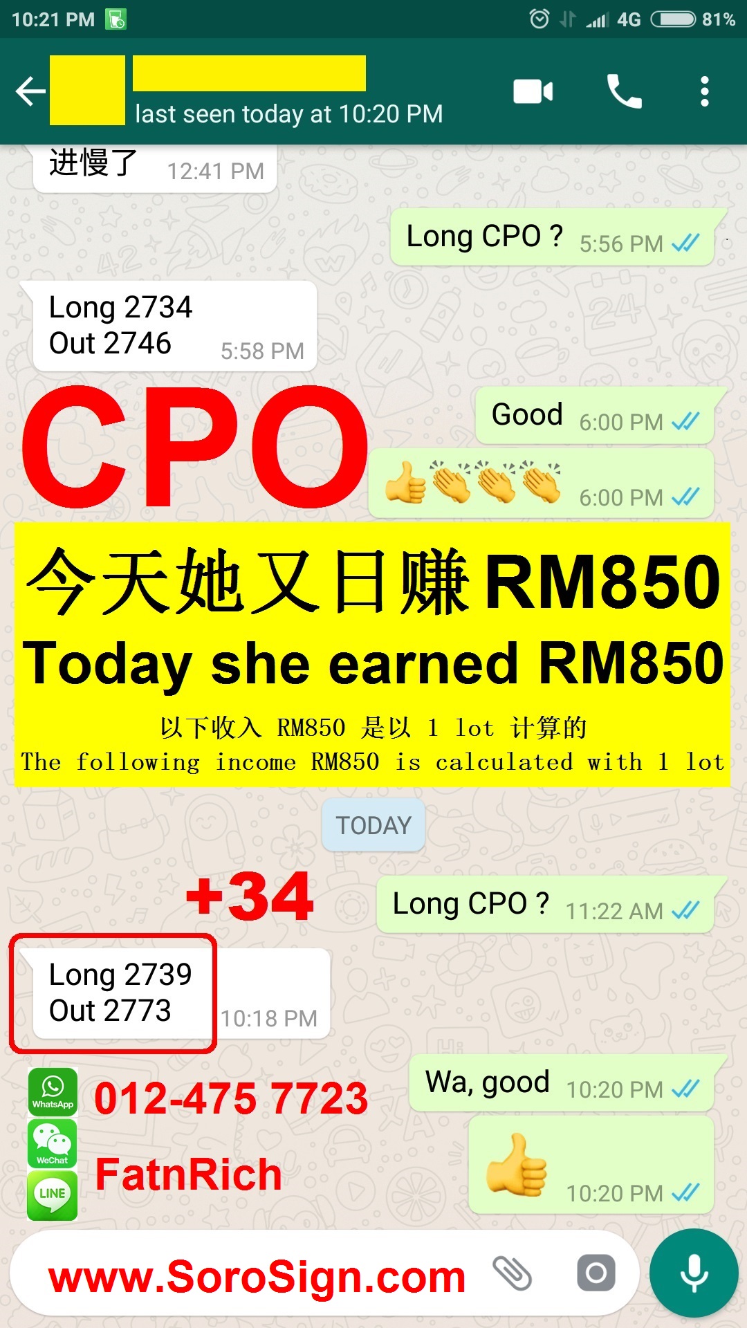 今天她又日赚 RM850